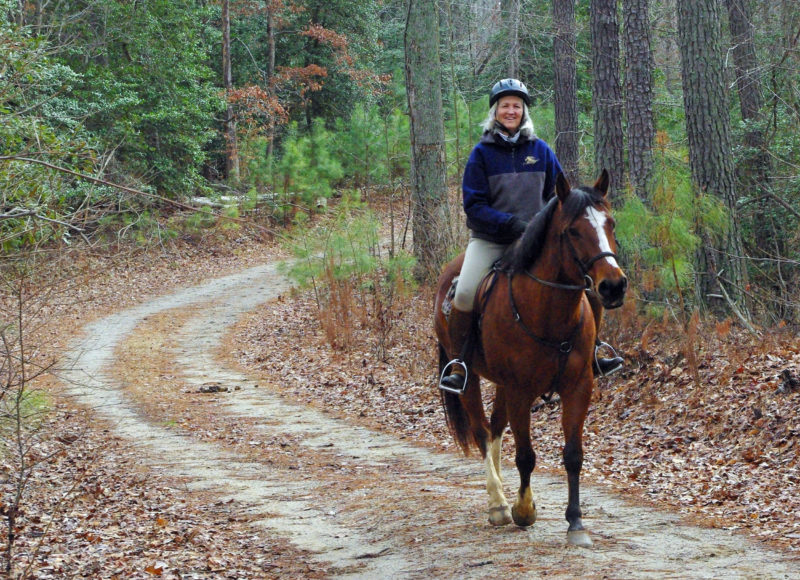 Woman on horseback in the woods. Photo by John Gresham