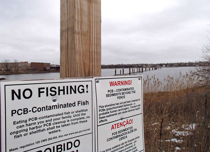 no fishing PCB contaminated sediments signs on the Acushnet River in New Bedford
