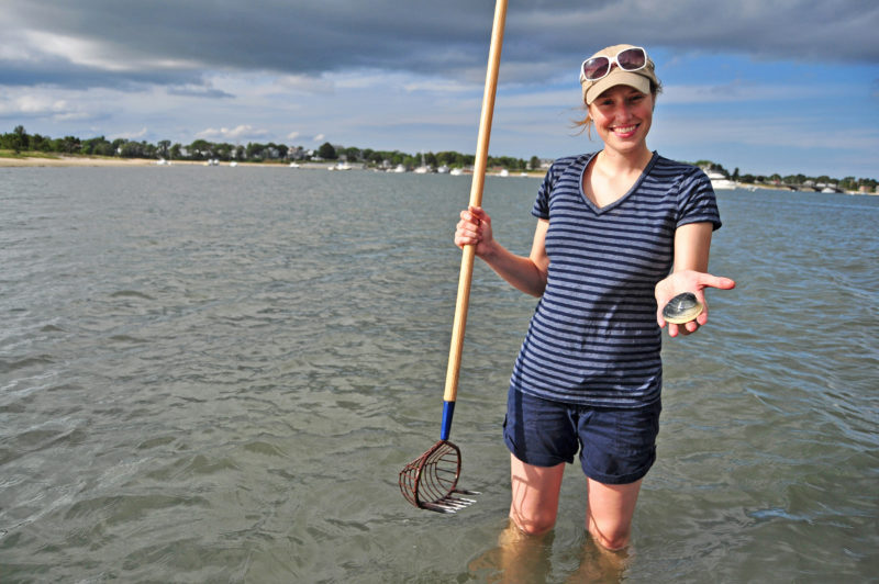 A woman standing in Onset Bay holding a clam and a rake.