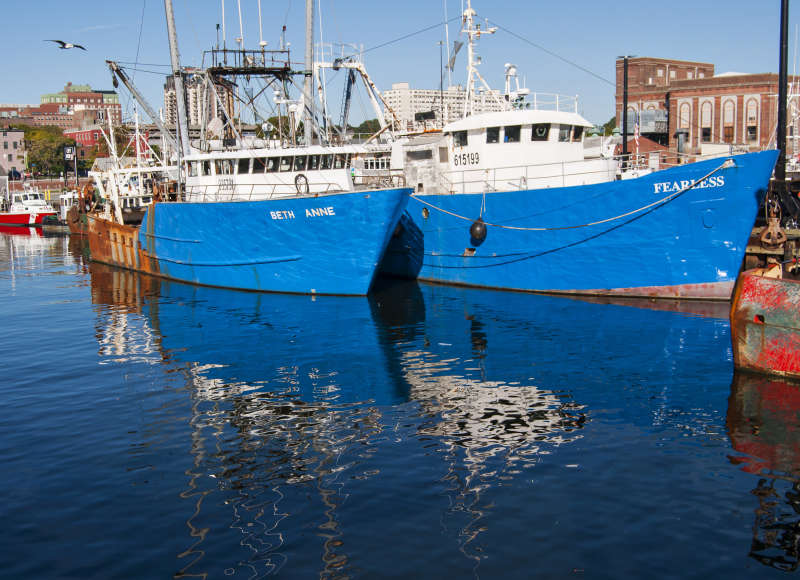commercial fishing vessels docked in New Bedford Harbor
