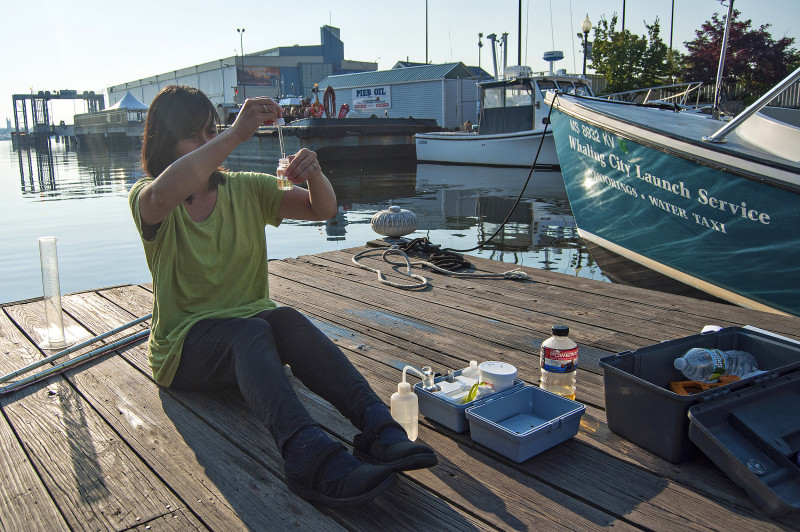 a woman testing the water in New Bedford Harbor