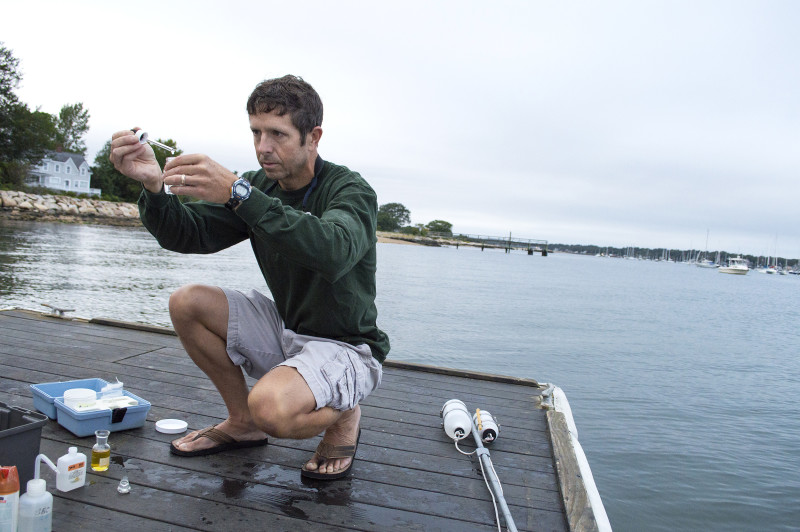 a man testing water health in Apponagansett Bay