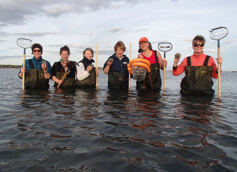 a group of women holding clams