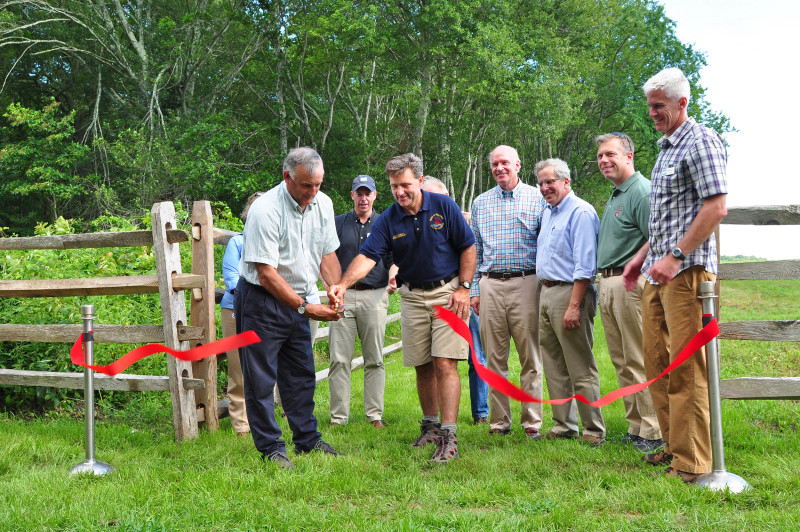 ribbon cutting opening on Shaw Farm Trail in July 2015