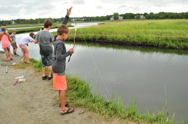 a boy trying to catch blue crabs in Eel Pond in Mattapoisett