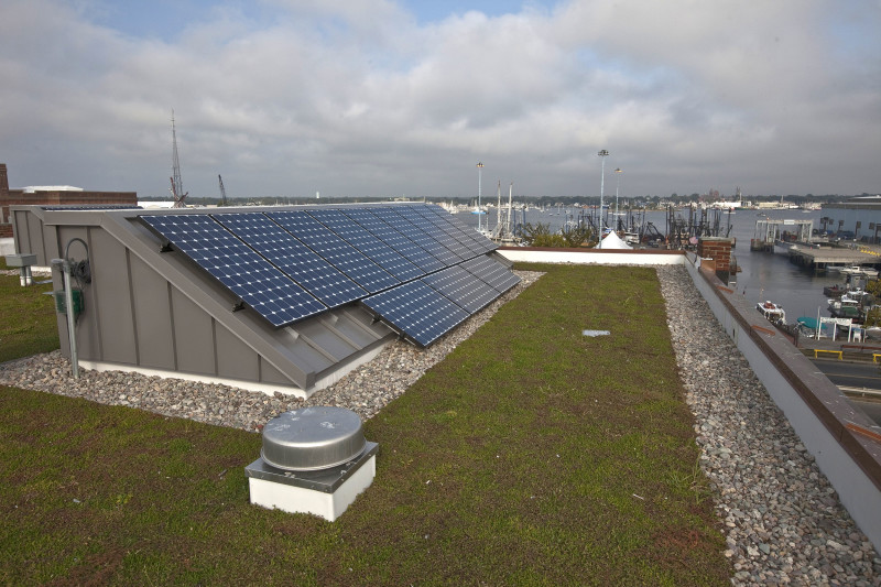solar panels and green roof on Buzzards Bay Center in downtown New Bedford