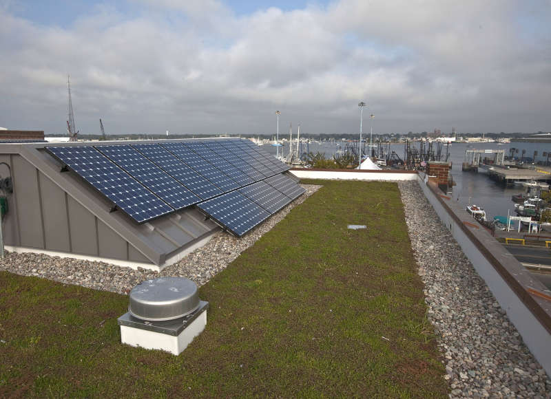 solar panels and green roof on Buzzards Bay Center in downtown New Bedford