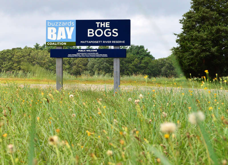 Mattapoisett River Reserve sign at The Bogs