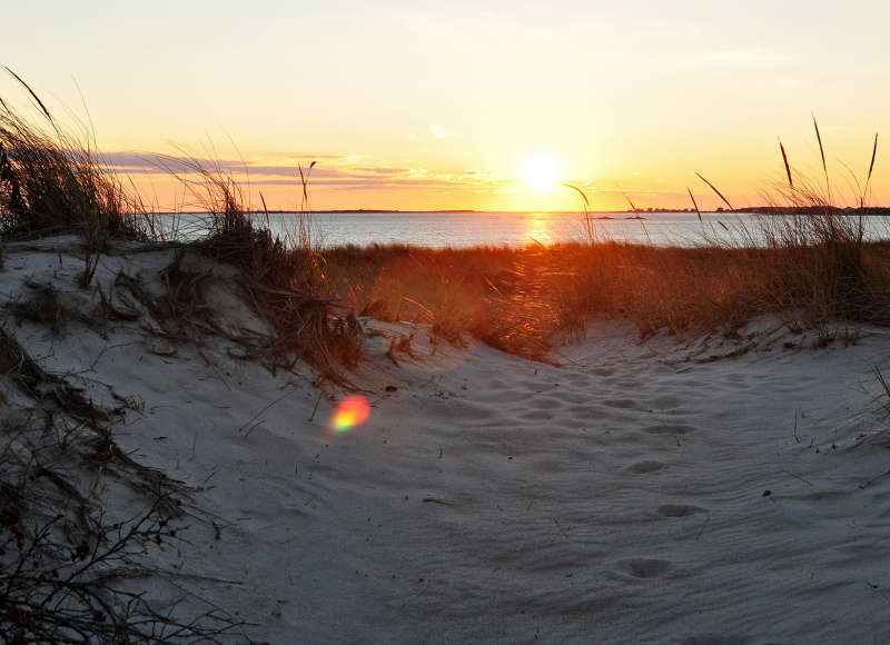 sunset over beach dune on Buzzards Bay