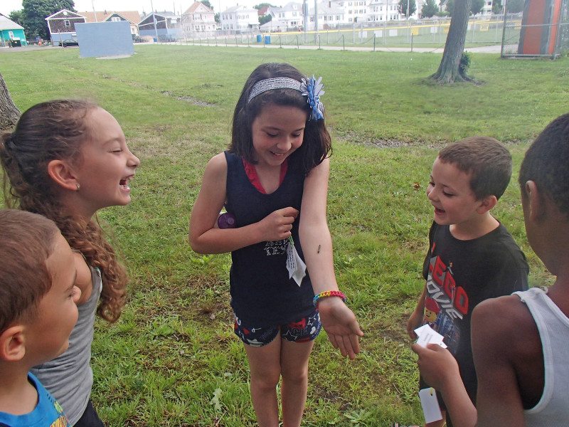 a caterpillar crawls up the arm of a laughing girl