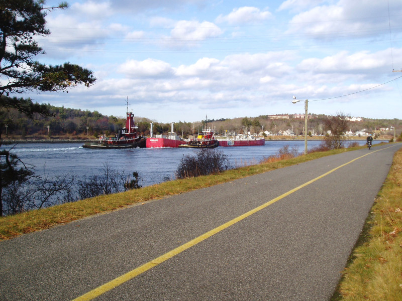 oil barge and tugs on Cape Cod Canal from bikeway