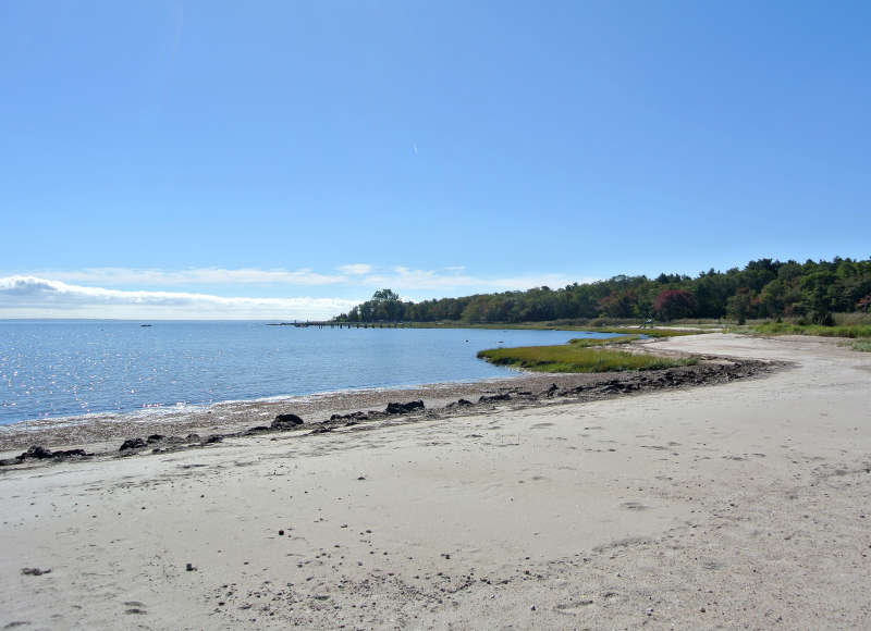 sandy and salt marsh shoreline at Hiller's Cove Beach in Mattapoisett