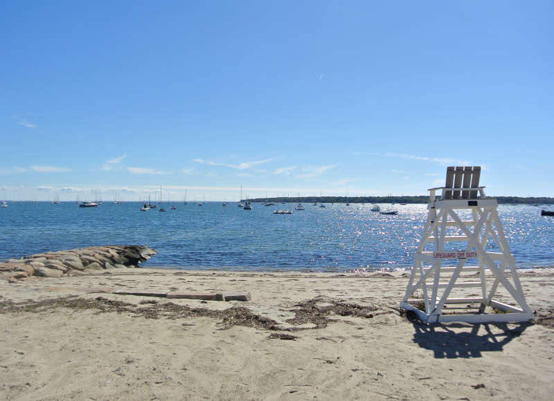 lifeguard chair in the sand at Mattapoisett Town Beach