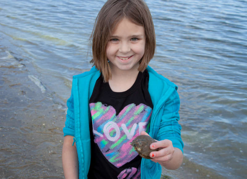 a girl holding a crab shell on Onset Beach