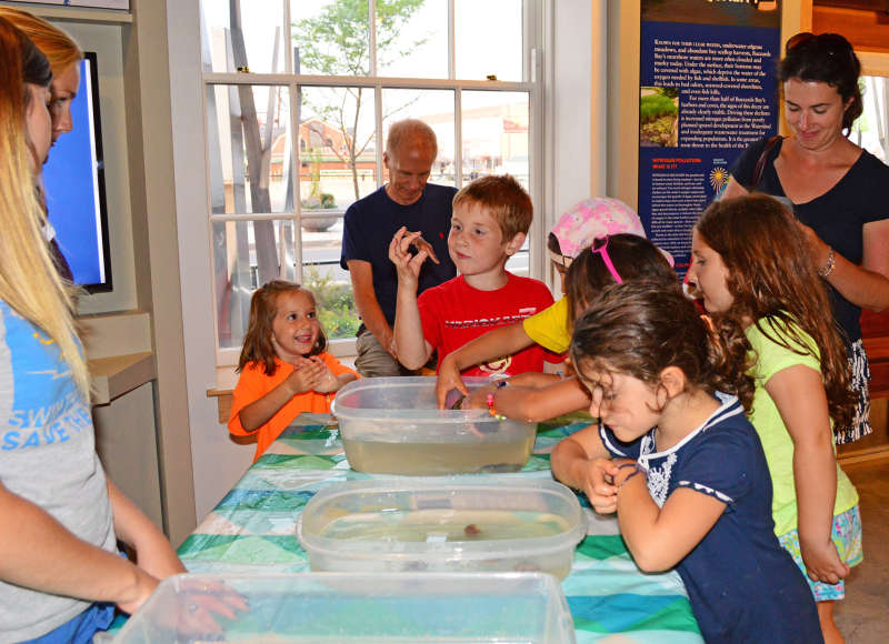 kids gathered around touch tanks at the Bay Learning Center in downtown New Bedford