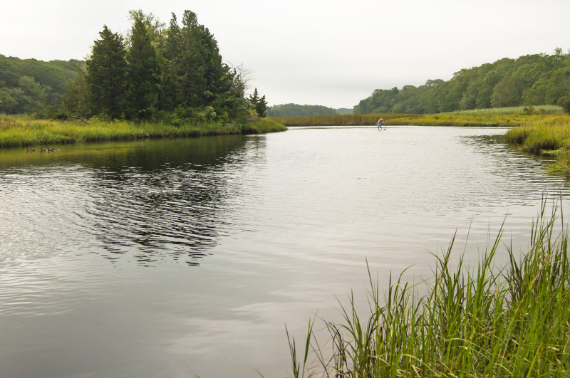 a man paddleboarding on the Slocums River in Dartmouth