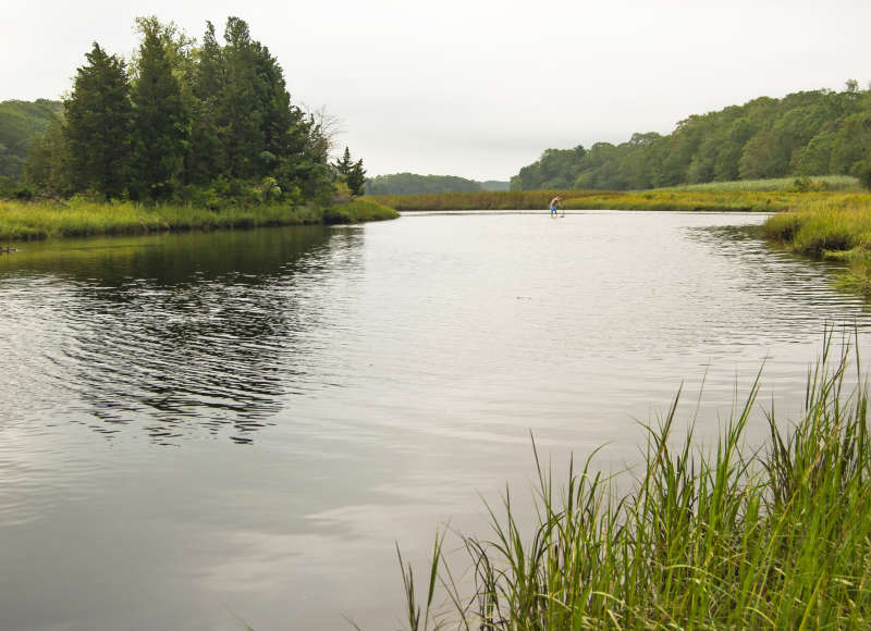 a man paddleboarding on the Slocums River in Dartmouth