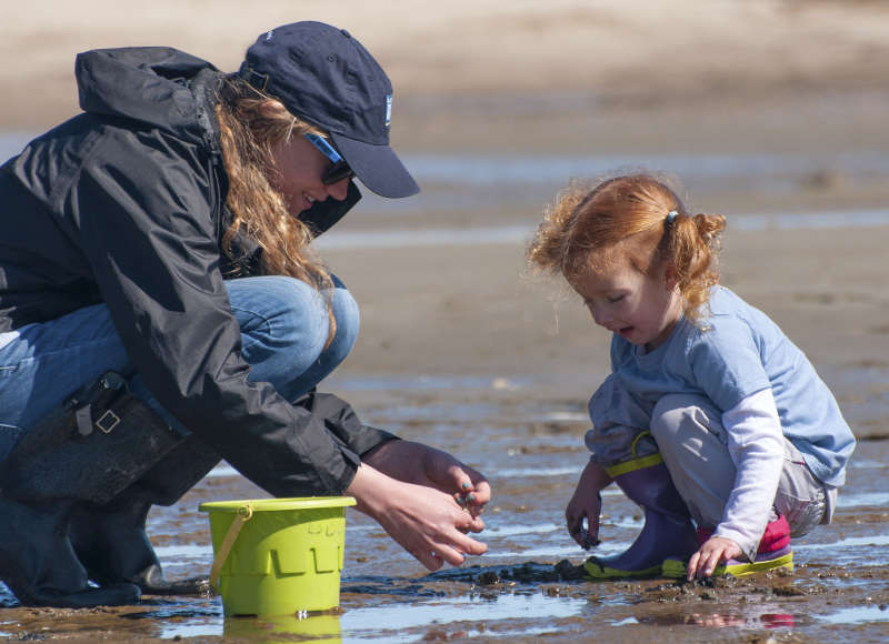 woman and little girl looking at sand at Swifts Neck Beach in Wareham