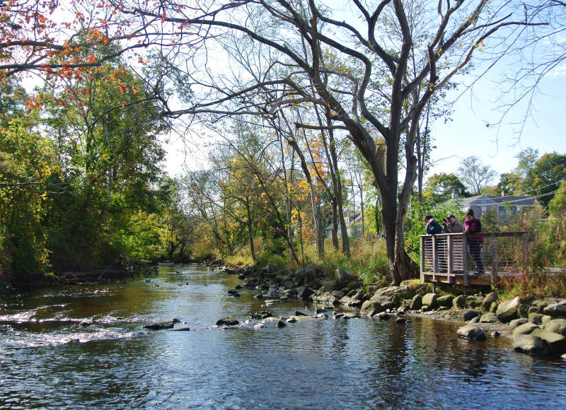 people stand on an overlook on the Acushnet River at The Sawmill