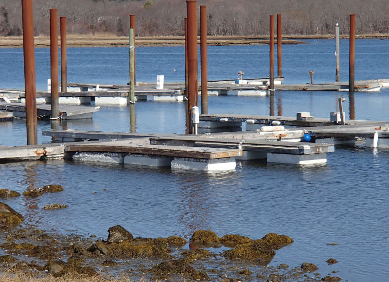 foam floating docks at marina on Brandt Island Cove in Mattapoisett