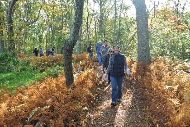 a group of volunteers walking on the trail at The Sawmill in Acushnet