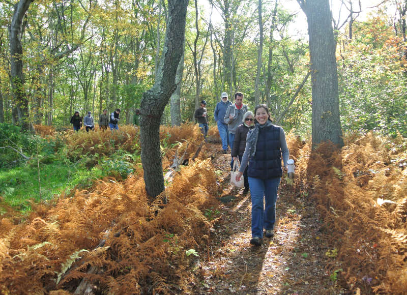 a group of volunteers walking on the trail at The Sawmill in Acushnet