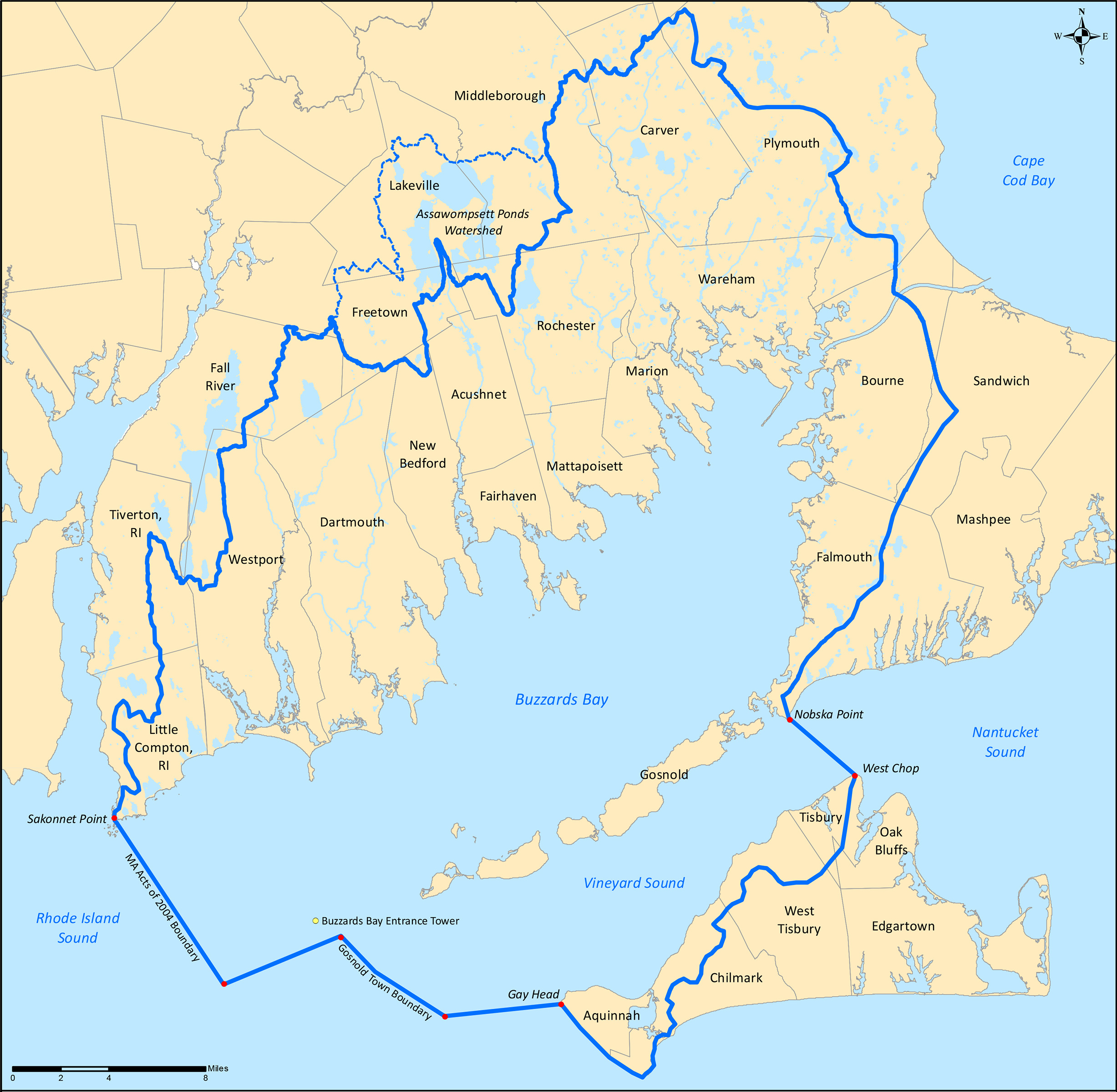 map of Buzzards Bay and Vineyard Sound watersheds