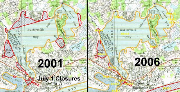 map comparing shellfish bed closures in Buttermilk Bay in Bourne
