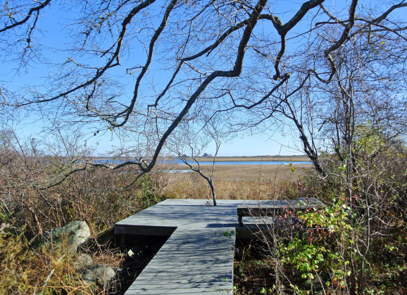 boardwalk overlook on a trail at Allens Pond Wildlife Sanctuary in Dartmouth