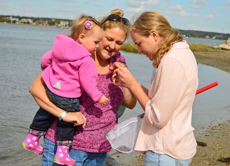 two women and a child looking at a shell by the water at Apponagansett Park in Dartmouth