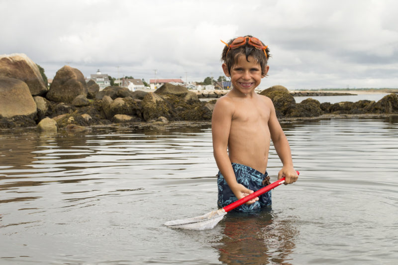 a boy standing in the water at Fort Taber Park holding a net