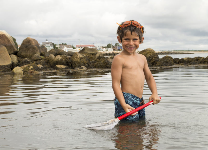 a boy standing in the water at Fort Taber Park holding a net