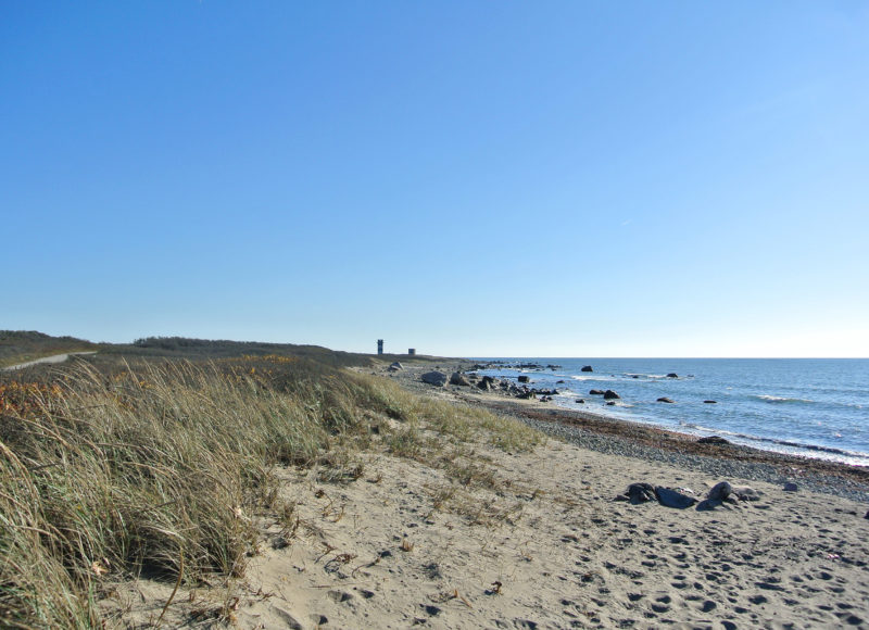 trail and rocky shoreline on Buzzards Bay at Gooseberry Island in Westport