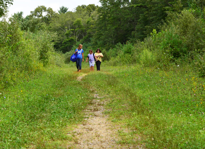 a woman and two girls walking on a path through the woods at Nasketucket Bay State Reservation