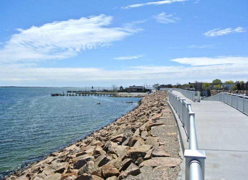 view of outer New Bedford Harbor from Harbor Walk