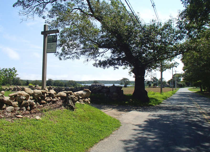the entrance to the Slocum's River Reserve on Horseneck Road in Dartmouth
