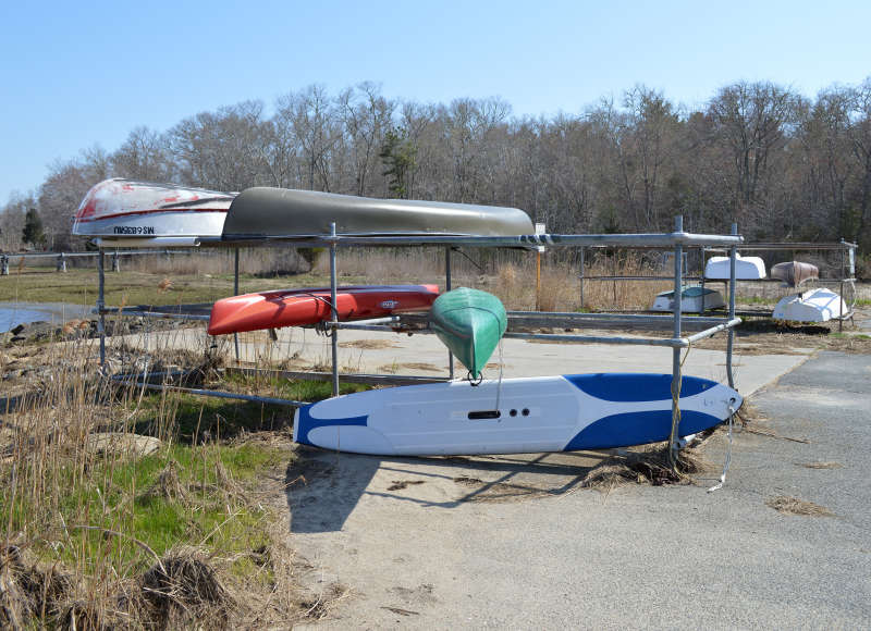 kayaks on the dinghy storage rack at the Wings Cove Launching Ramp in Marion