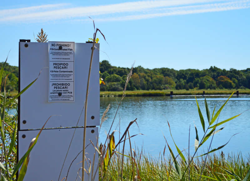 no fishing PCB contaminated sediments signs on the Acushnet River in New Bedford