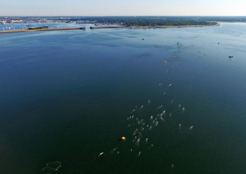 Buzzards Bay Swim aerial view over New Bedford Harbor