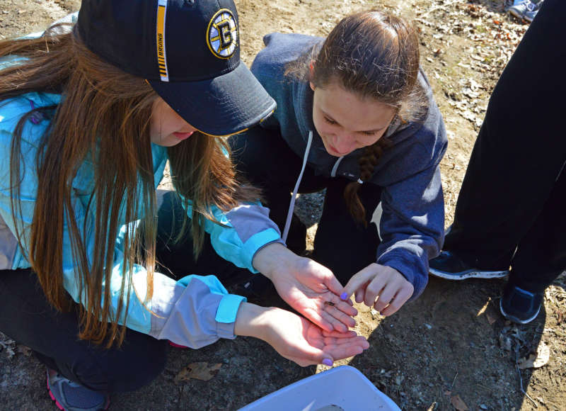 two high school girls look at an insect in their hands