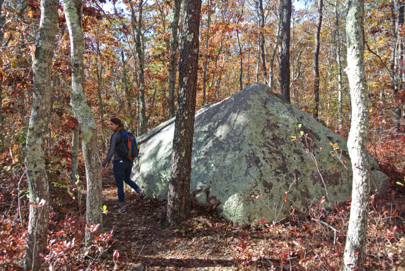 a woman hiking past a large boulder at Beebe Woods in Falmouth