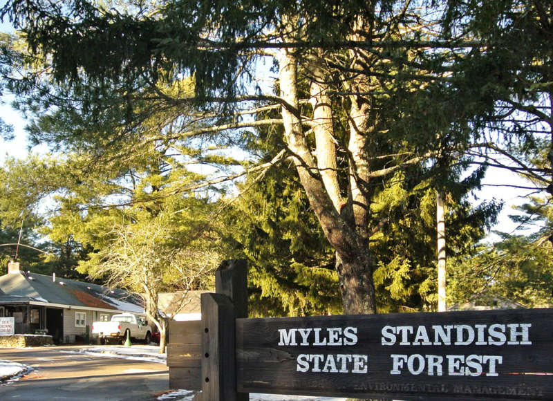 entrance sign to Myles Standish State Forest