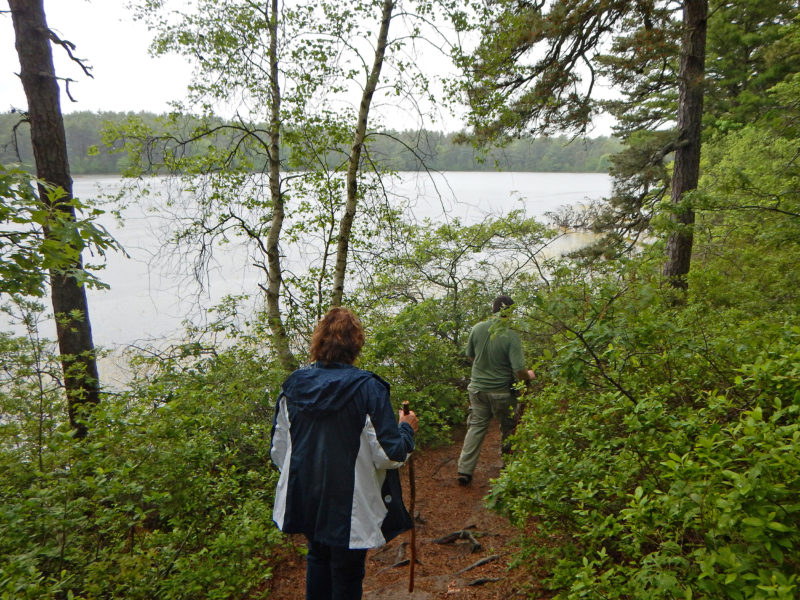 people walking on a trail by a kettle pond at Myles Standish State Forest