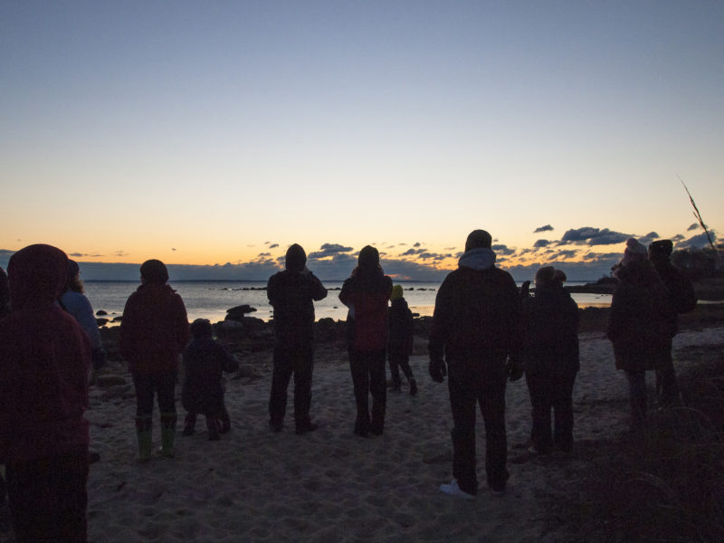 people standing on the beach watching the sunrise over Buzzards Bay