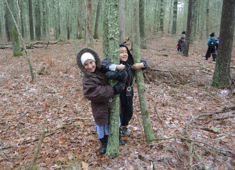 two kids hugging trees in the woods