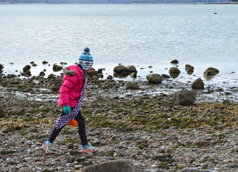 a girl walks on Little Harbor Beach in winter