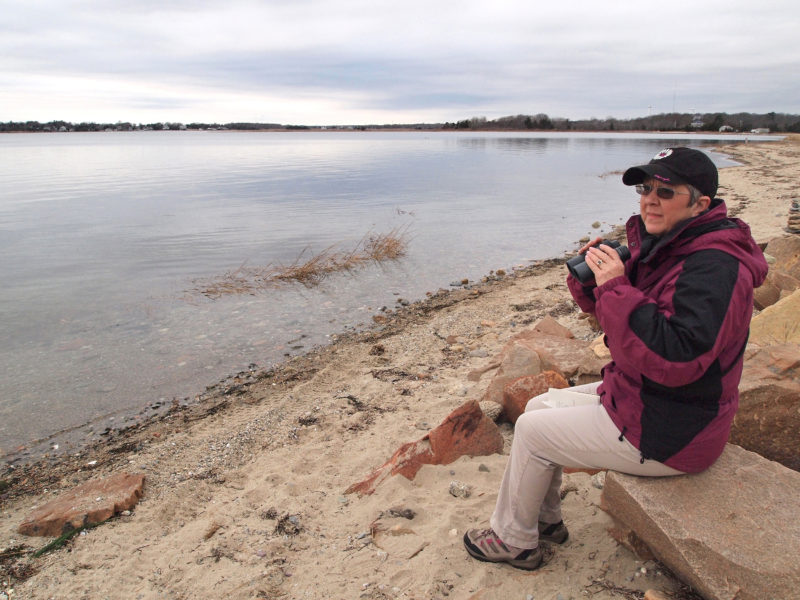 a woman sitting by Nasketucket Bay in Mattapoisett holding a pair of binoculars