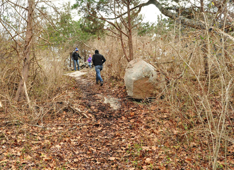 a family walking on the trails at The Let Conservation Area in Westport