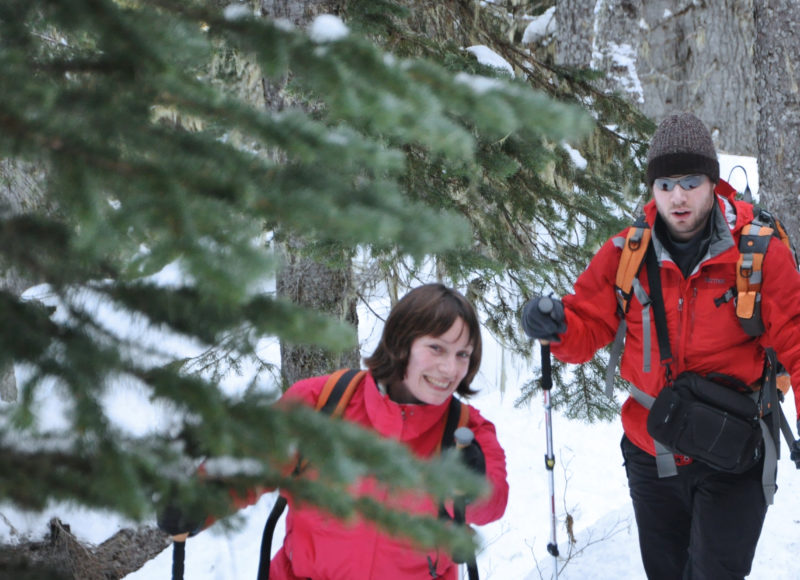 two people snowshoeing or cross-country skiing through the woods