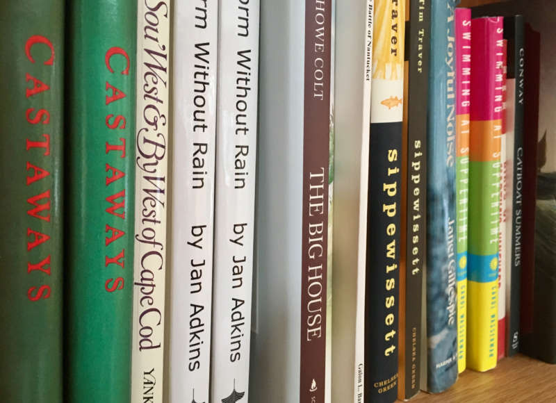Buzzards Bay-themed books on a bookshelf